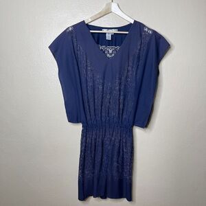 Max Studio Dress Womens Medium Navy Flutter Sleeved Lined Lace Detail Cover Up